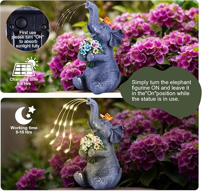 Solar Garden Elephant, Lights Watering Decor, Animal Statue Outdoor, Fairy Garden Accessories,Patio,Yard,Balcony Decorations, Lawn Ornament, Housewarming, Birthday,Mothers Day Mom Gifts