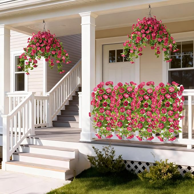 Homsunny Artificial Hanging Fake Flowers with Basket Plants for Outdoor Decoration, Faux Silk Flower UV Resistant Morning Glory for Home Porch Patio Garden Balcony Yard Look Real (Red)