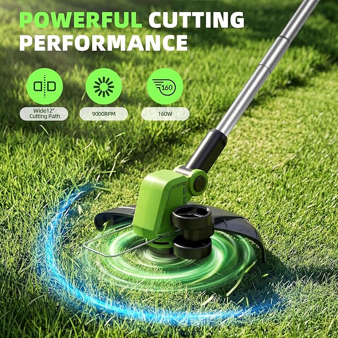 21V Weed Wacker Cordless & Lawn Edger, 9000RPM Electric Weed Eater with 2x2.0Ah Battery, 12" Auto Line Feed String Trimmer with 8 Pcs Spools, Lightweight Edger Lawn Tool for Yard, Green
