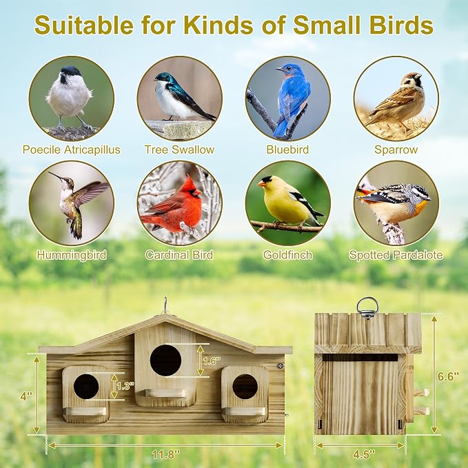 Auslar Bird House, Bird Houses for Outside for 3 Bird Families, Wooden Birdhouse for Outdoors, 3 Hole Hanging Bluebird House for Cardinals Finch Wren Swallow for Garden Viewing