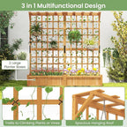 HAPPYGRILL 71" Raised Garden Bed with Trellis, Wood Planter Container w/2 Hanging Roof & Garden Boxes, 4 Drainage Holes, Outdoor Planter Box w/Removable Bottom Plate for Climbing Plants Flowers Vine