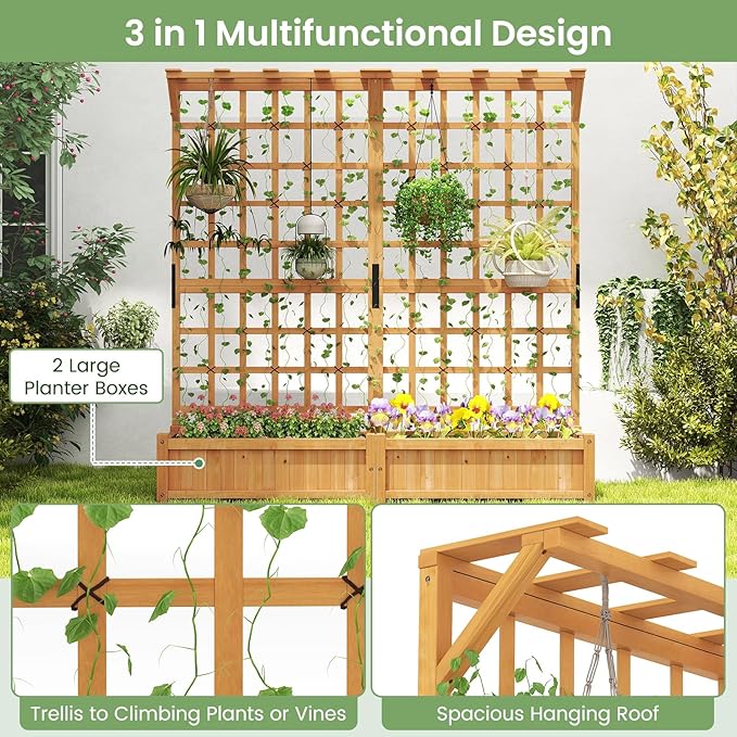 HAPPYGRILL 71" Raised Garden Bed with Trellis, Wood Planter Container w/2 Hanging Roof & Garden Boxes, 4 Drainage Holes, Outdoor Planter Box w/Removable Bottom Plate for Climbing Plants Flowers Vine