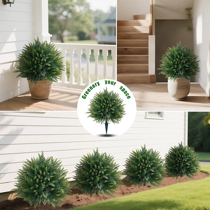Yangrass 4PCS Artificial Cedar Topiary Ball Trees 23" for Outdoors with Ground Spike, UV Resistant Artificial Cypress Trees, Evergreen Shrubs Bushes Faux Plants for Front Porch Garden Backyard