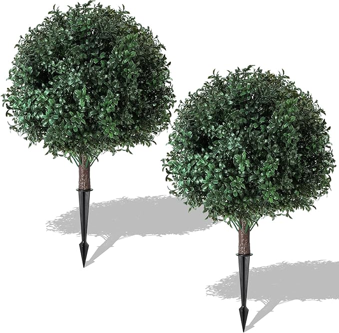 2 Pack Artificial Urn Filler, Artificial Boxwood Topiary Shrubs, UV-Resistant Evergreen Plants, Indoor/Outdoor Decoration, Suitable for porches, courtyards, Gardens, and Flower beds