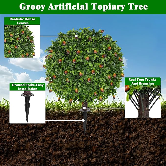 Grooy 2 Pack Artificial Olive Topiary Tree, Artificial Shrub Bushes with Ground Spike, Fake Evergreen Tree for Porch, Artificial Plants for Outdoor Planters Indoor UV Resistant