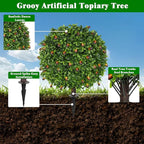 Grooy 2 Pack Artificial Olive Topiary Tree, Artificial Shrub Bushes with Ground Spike, Fake Evergreen Tree for Porch, Artificial Plants for Outdoor Planters Indoor UV Resistant