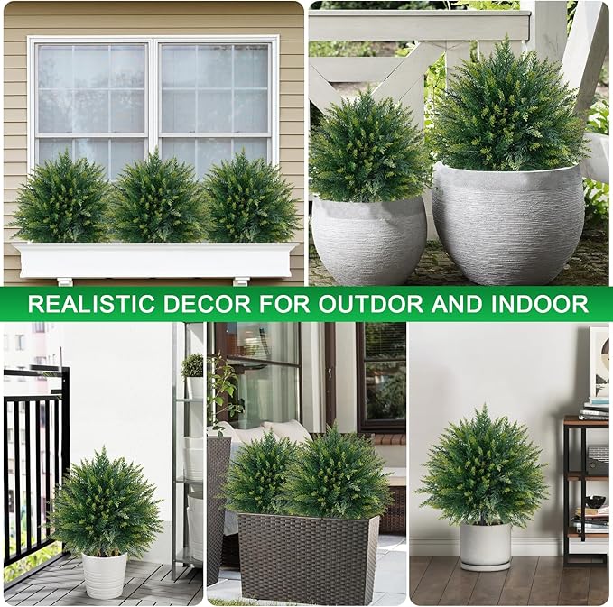2 Pack Artificial Cedar Topiary Trees with Ground Spike, Fake Pine Shrubs Bushes, UV Resistant Faux Evergreen Cypress Tree Plants for Indoor Outdoor Planters Front Porch