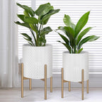 Oakrain Mid Century Planters for Indoor Plants, Set of 2, Modern Decorative Metal Planters for Living Room, Office, Garden or Balcony, White Planters with Stands, 10" & 12", Off-White