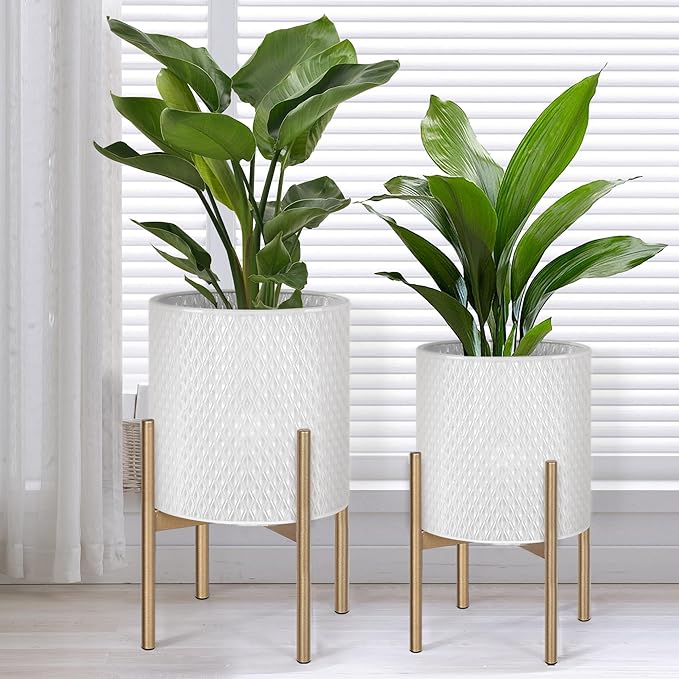 Oakrain Mid Century Planters for Indoor Plants, Set of 2, Modern Decorative Metal Planters for Living Room, Office, Garden or Balcony, White Planters with Stands, 10" & 12", Off-White