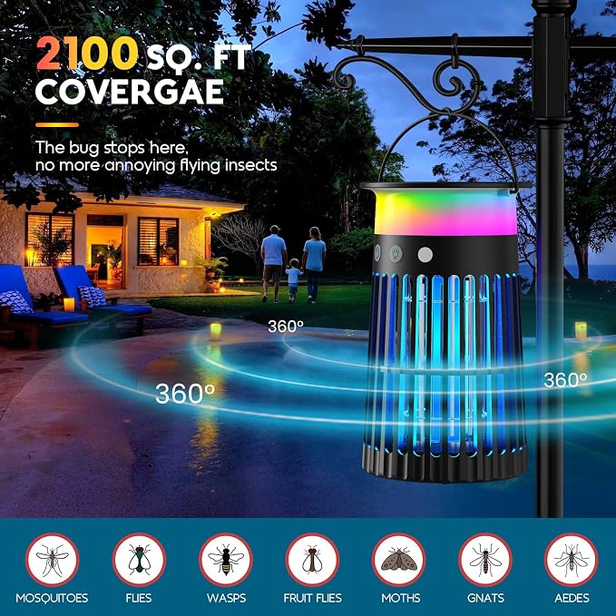 Solar Bug Zapper Outdoor, 5-in-1 Mosquito Zapper 4200V w/Flame Light & RGB Mode, Waterproof Portable Fly Zapper, Electric Cordless Fly Insect Mosquitoes Trap Killer for Patio Yard Camping RV Indoor