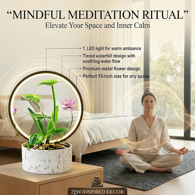 Qingyinge 15‘’H Green Small Water Fountain Indoor, Metal LED Light Relaxation Tabletop Fountain, for Meditation Yoga Spa Room Decor.