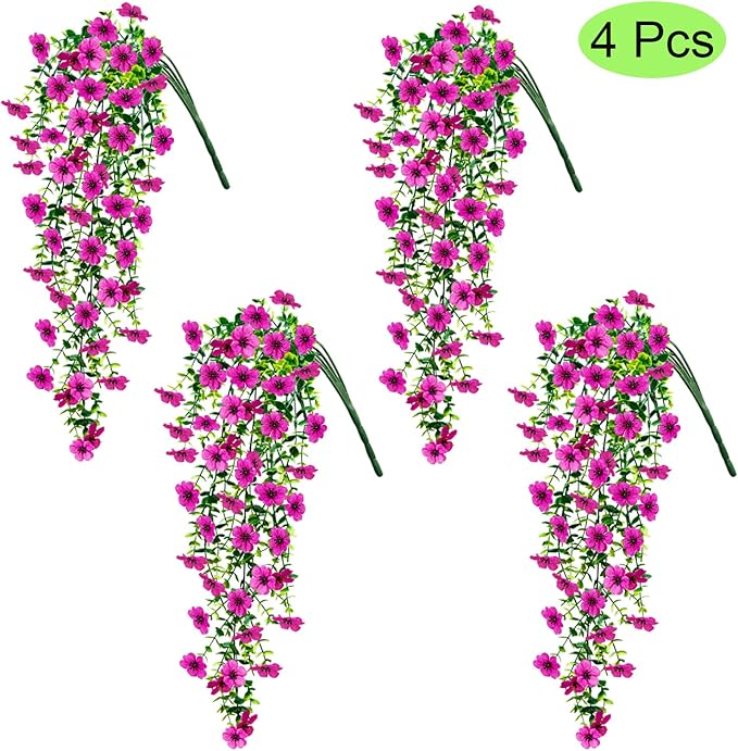 4 Pcs Fake Outdoor Artificial Flowers For Outdoors Uv Resistant, Plastic Flowers For Outdoors, Fake Hanging Plants Faux Flowers For Outdoor Planters, Silk Spring Flowers For Outside Porch（Purple ）