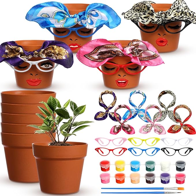 Sliner 6 Set Cute Face Flower Pot Head Planter Funny Plant Pots Painting Kit Include Glasses Silk Scarf Acrylic Paint Glasses Flower Sister Planter Easter Adults Art Painting Spring DIY Crafts