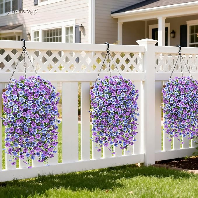 Artificial Hanging Flowers for Outdoors Spring Summer Decoration, 4PCS UV Resistant Silk Fake Hanging Plants for Patio Porch Front Yard Window Garden Indoor Decor(Blue&Purple,4PCS)