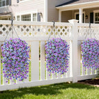 Artificial Hanging Flowers for Outdoors Spring Summer Decoration, 8PCS UV Resistant Silk Fake Hanging Plants for Patio Porch Front Yard Window Garden Indoor Decor(Blue&Purple,8PCS)