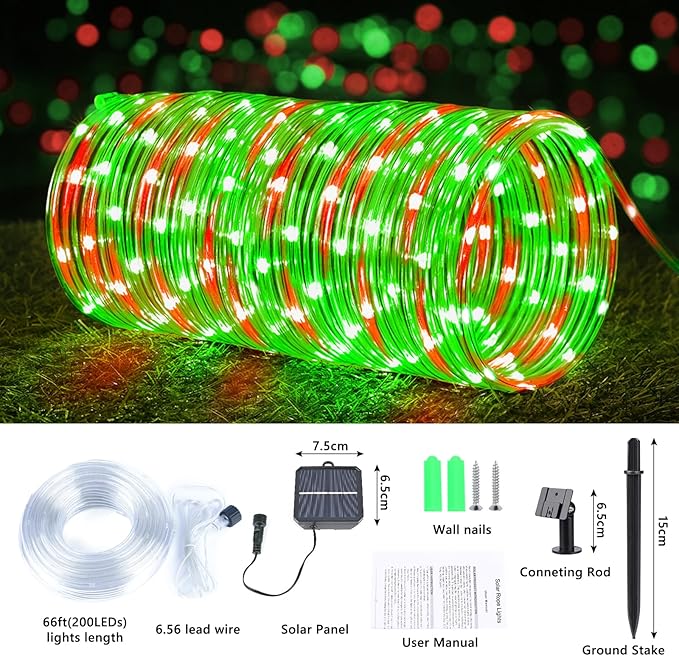 Solar Rope Lights, 66ft 200LED Solar String Lights, 8 Modes Waterproof Solar Powered Outdoor Light, Flexible Clear Tube Light for Garden Backyard Patio Deck Porch Pool Tree Christmas Decor - Red&Green