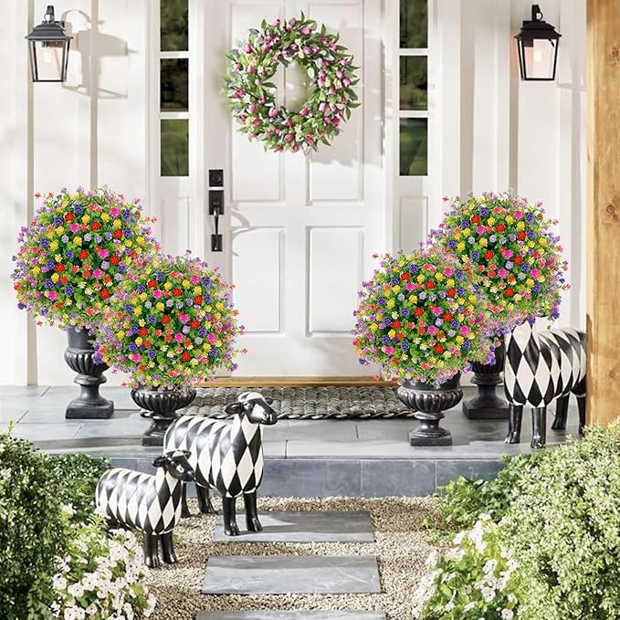 2 Pack Artificial Topiary Boxwood Ball Trees with Ground Spike, 23.6'' Faux Shrubs Fake Brush Plants Flowers Greenery for Indoor Front Porch Garden Outdoor Decoration
