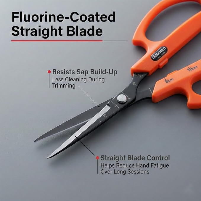 Saboten Fluorine Coated Straight Blade Trimming Scissors Orange PT-1 160mm Precision Gardening Bonsai and Floral Shears Made in Japan