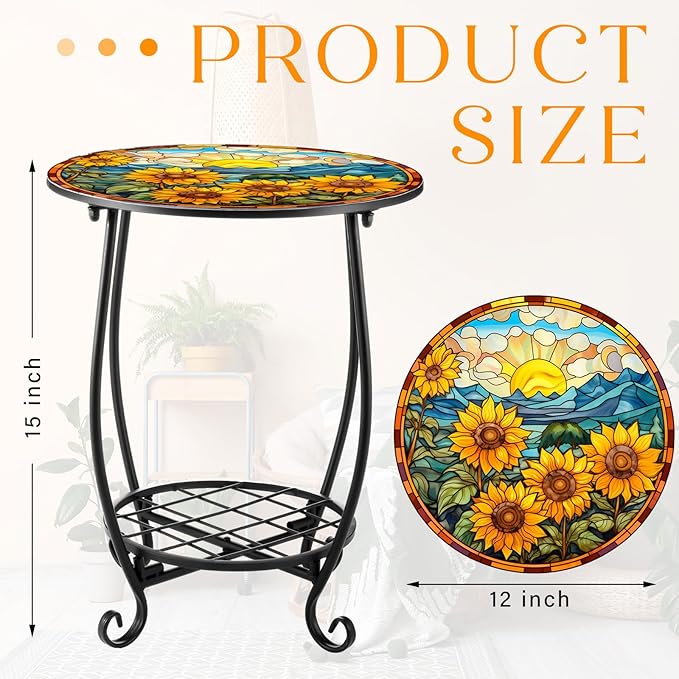 Outdoor Side Table Round Small Mosaic Patio Accent Indoor End Plant Coffee Tea Table for Yard Patio Porch Garden Living Room, Bedroom(Sunflower Style,12 Inch)