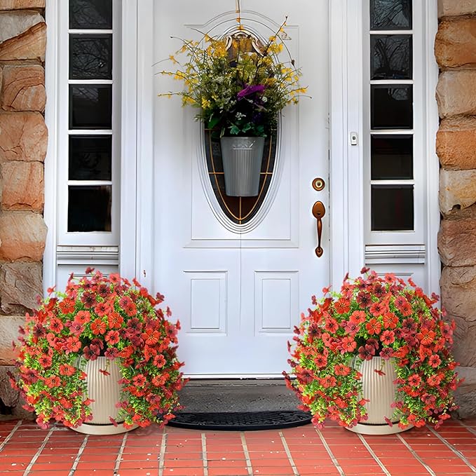 Homsunny Artificial Fake Flowers Plants for Outdoor Decoration, 2 PCS Faux Mums Summer Flowers for Outside UV Resistant Realistic for Porch Patio Garden Yard Balcony Home Decor(Red Brown)