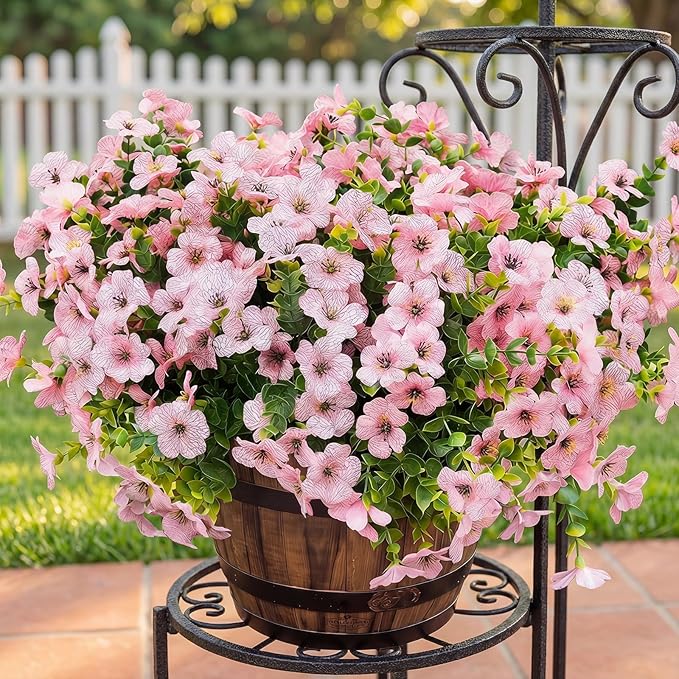 Artificial Flowers for Outdoor Fake Plants for Spring Decoration,Faux Eucalyptus Flowers for Planter UV Resistant Lifelike for Home Porch Garden (White/Pink)