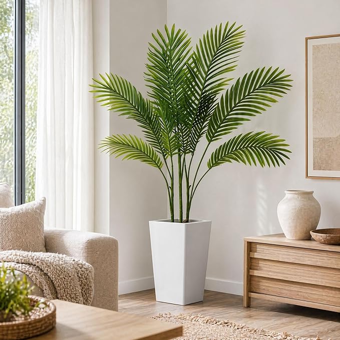 Garvee 4.3FT Artificial Palm Tree, Tall Faux Tropical Areca Plants with White Tall Planter, Fake Potted Tree with Lifelike Leaves for Indoor Living Room Bedroom Home Office Decor
