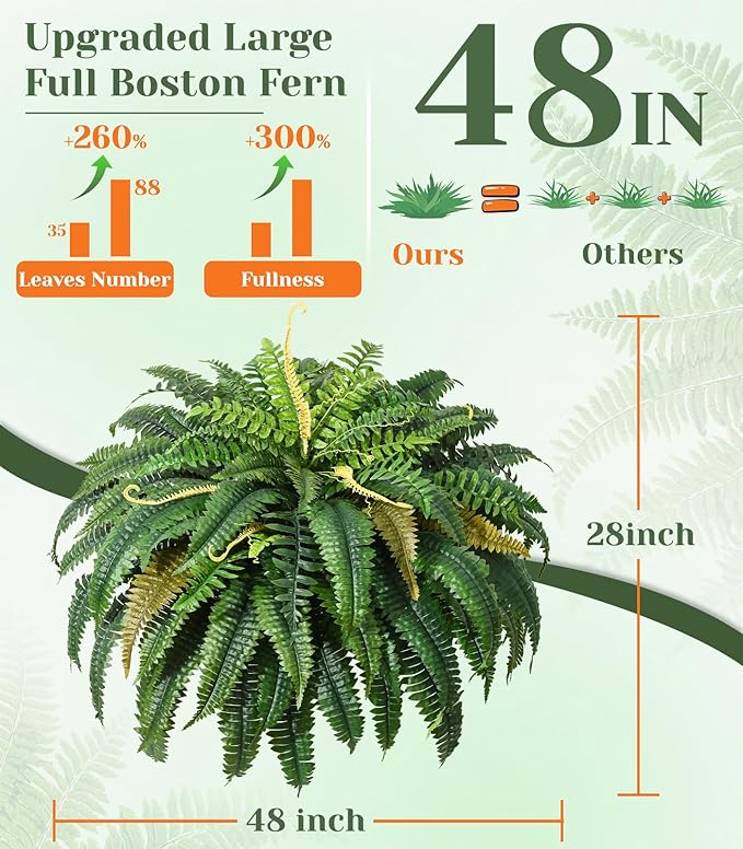 MARTINE MALL 2Pcs 48''/ 88 Leaves XXL Large Fake Ferns Artificial Ferns for Outdoors, UV Resistant Faux Boston Fern for Outdoor Planter Realistic Hanging Artificial Fake Plants for Porch Patio