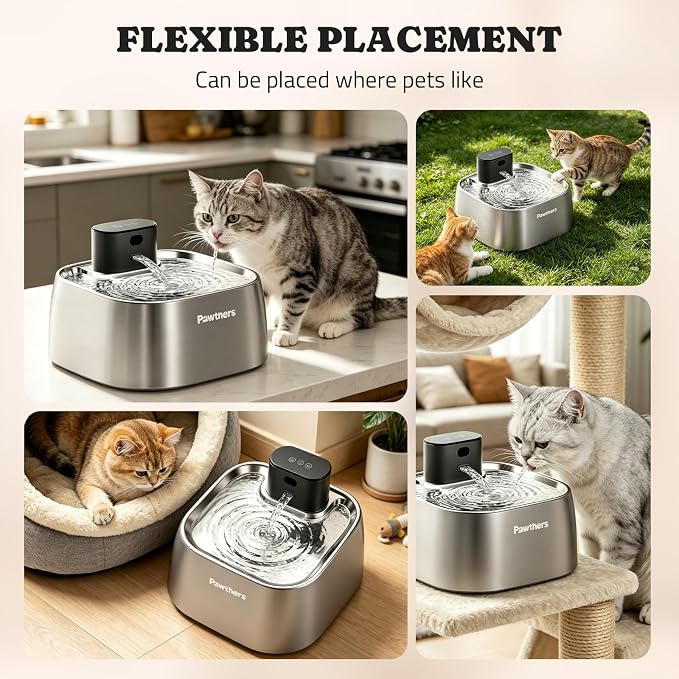 Pumpless Cat Water Fountain Stainless Steel, Automatic Cordless Cats and Dogs Water Dispenser 108oz/3.2L, Pawtners Pet Fountain with Smart Indicator &150° Motion Sensor