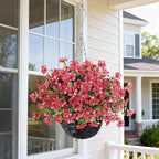 Artificial Flower & Eucalyptus with Hanging Basket - 2PCS Faux UV Sun Resistant Morning Glory in Planter, Fake Colorful Silk Flowers for Spring Summer Porch Patio Balcony Yard Decor (Rose Red)
