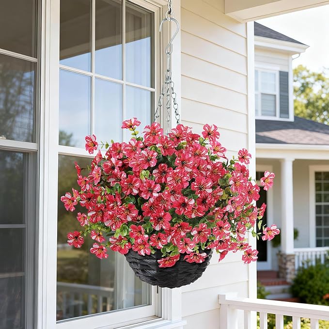 Artificial Flower & Eucalyptus with Hanging Basket - 2PCS Faux UV Sun Resistant Morning Glory in Planter, Fake Colorful Silk Flowers for Spring Summer Porch Patio Balcony Yard Decor (Rose Red)