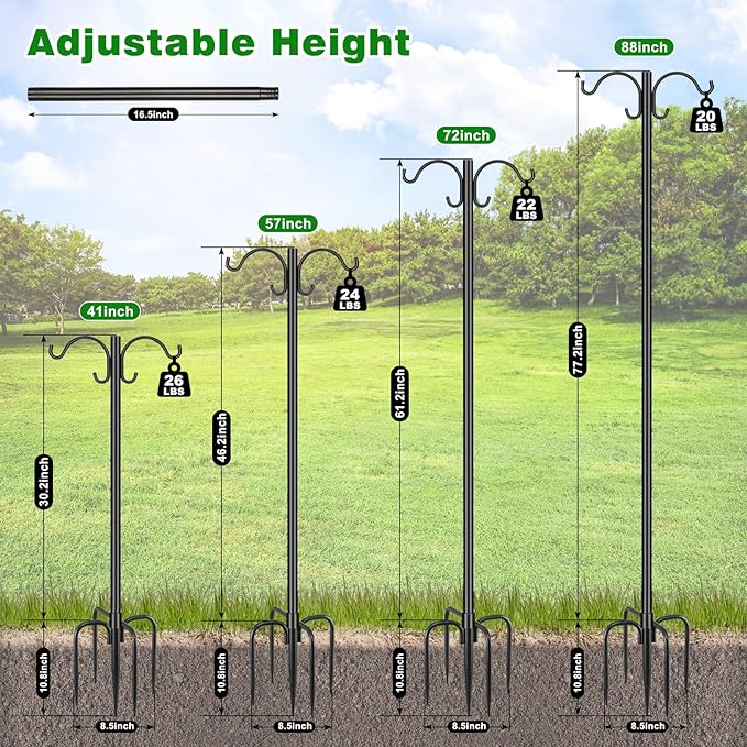 Heavy Duty Double Shepherd Hooks for Outdoor 1-in Dia with 5-Prong Base, 88inch Adjustable Decorative Metal Bird Feeder Pole for Hanging Bird Nest, Plant Basket,Lantern,Solar Light 2 Pack