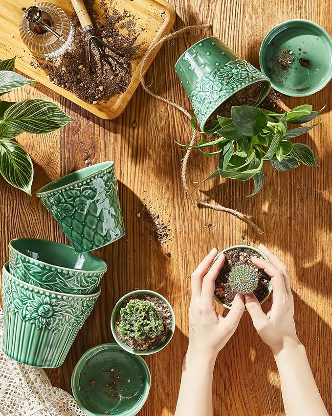 Metahom Succulent Ceramic Pots, 3.8 Inch Small Plant Pots with Drainage Hole & Saucer, Flower Planter Pot for Indoor Plants Cacti, Home Decor, Set of 4, Green