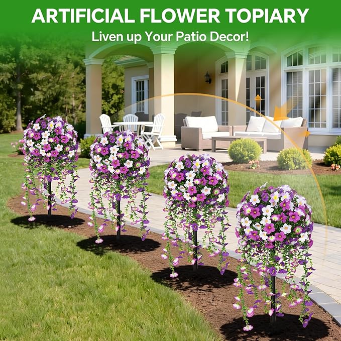 Artificial Morning Glory Topiary Trees Set of 2, Purple Fake Shrubs Bushes with Ground Spike, Faux Evergreen for Porch Plants, UV Resistant Artificial Flowers for Outdoors Indoor Front Garden