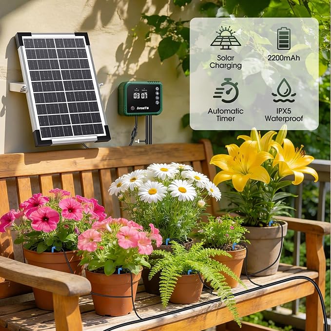 8W Solar Drip Irrigation System for Gardens, DIY Automatic Drip Kit, Supports Watering 30 Pots, Includes 35m Drip Hose and 30 Emitters Suitable for Gardens/Greenhouses/Outdoor Irrigation Timer