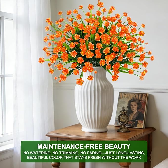 20 Bundles Artificial Flowers for Outdoors Summer Decor-UV Resistant No Fade Fake Mums Faux Plants Plastic Flowers Greenery for Home Porch Gardens Fireplace Patio Indoor Outsides Decor(Orange Red)
