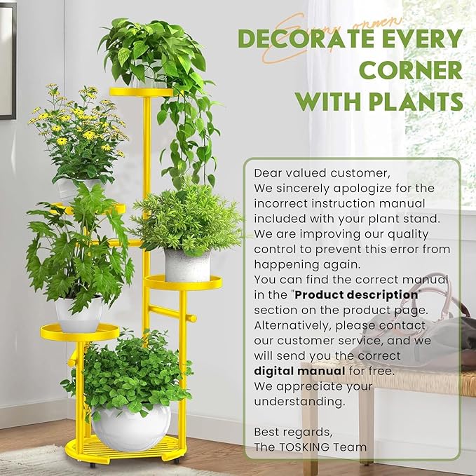 TOSKING 5-Tier Metal Plant Stand, Anti-Tip Round Base for Pots, Child & Pet Friendly, Space Saving Corner Shelf Flower Pot for Indoor Outdoor Use, Living Room Balcony Garden Patio Bedroom (Yellow, 38in)
