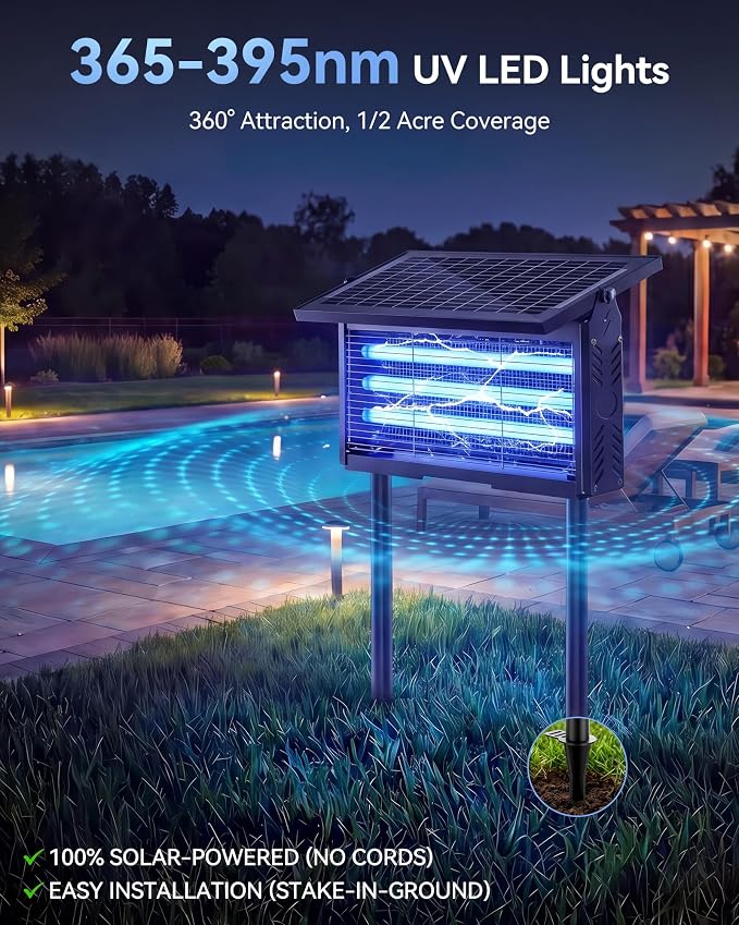𝟐𝟎𝟐𝟔 𝐔𝐩𝐠𝐫𝐚𝐝𝐞𝐝 Solar Bug Zapper Outdoor, Mosquito Zapper Waterproof Electric Fly Zapper Rechargeable Mosquito Killer, Cordless Fly Insect Trap for Yard, Patio, Home, Garden, Camping