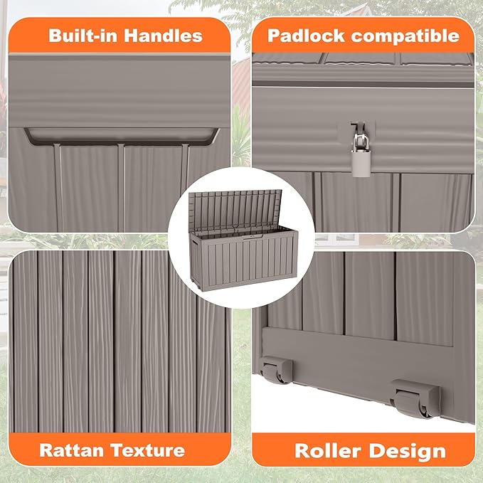 PatioZen 75 Gallon Resin Deck Box, Lockable Patio Outdoor Storage Box for Furniture, Garden Tools and Tools Storage, Waterproof Outside Storage Boxes - Grey