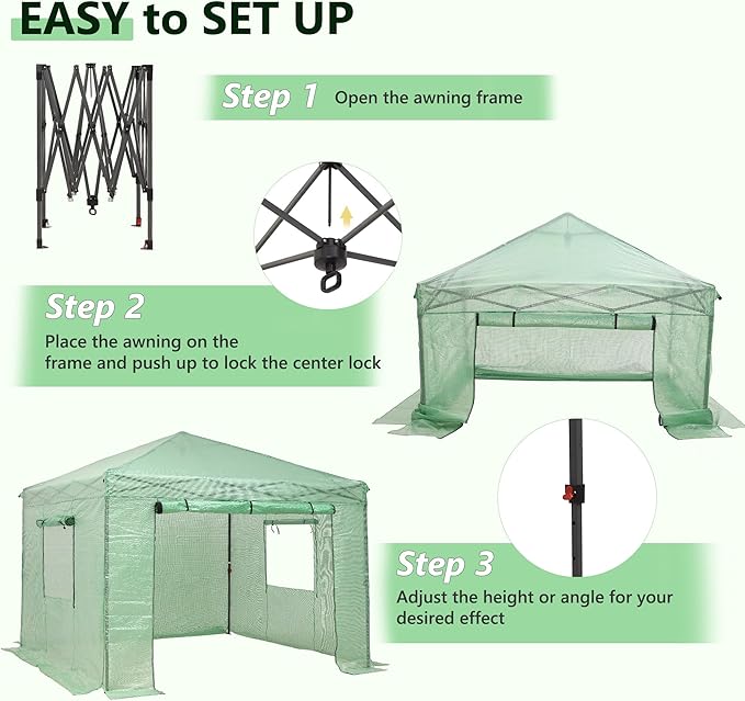 GDY 8X8FT Instant Pop-up Greenhouse, Walk-in Plant Gardening Green House with PE Cover/Roll-Up Zipper Doors/Side Windows for Indoor, Backyard and Outside, Green/Clear.