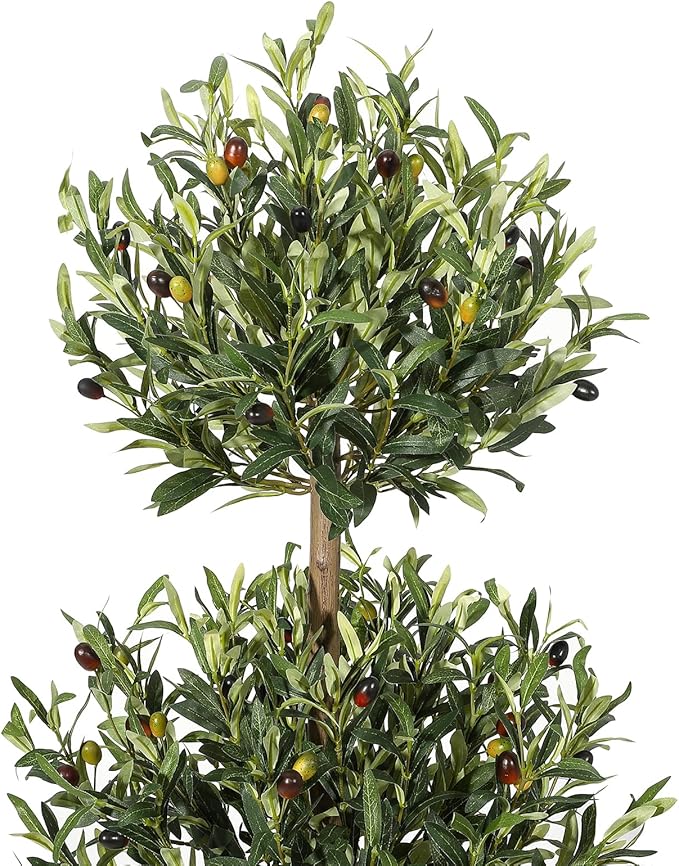 5 ft Artificial Olive Tree, Triple Ball Topiary Faux Plant with Moss & Pot, Outdoor Indoor Realistic Fake Shrubs Trees, Round Bushes Fake Shrubs Potted for Home Offices Porch Decor, Set of 2