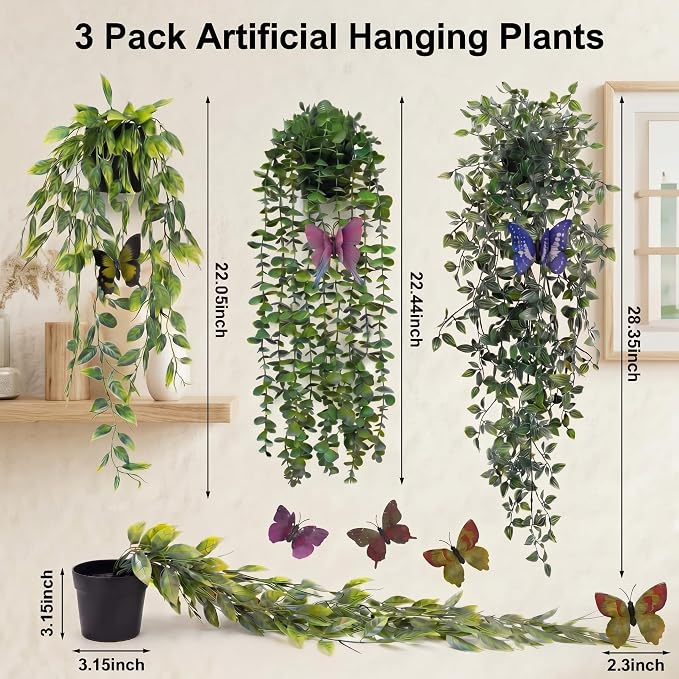 3 Pack Fake Plants Indoor Outdoor with 6 Butterflies – Small Artificial Potted Hanging Plants for Shelf, Balcony, Patio & Wall Decor | Faux Plants for Living Room, Bedroom, Office, Porch