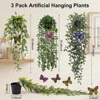 3 Pack Fake Plants Indoor Outdoor with 6 Butterflies – Small Artificial Potted Hanging Plants for Shelf, Balcony, Patio & Wall Decor | Faux Plants for Living Room, Bedroom, Office, Porch