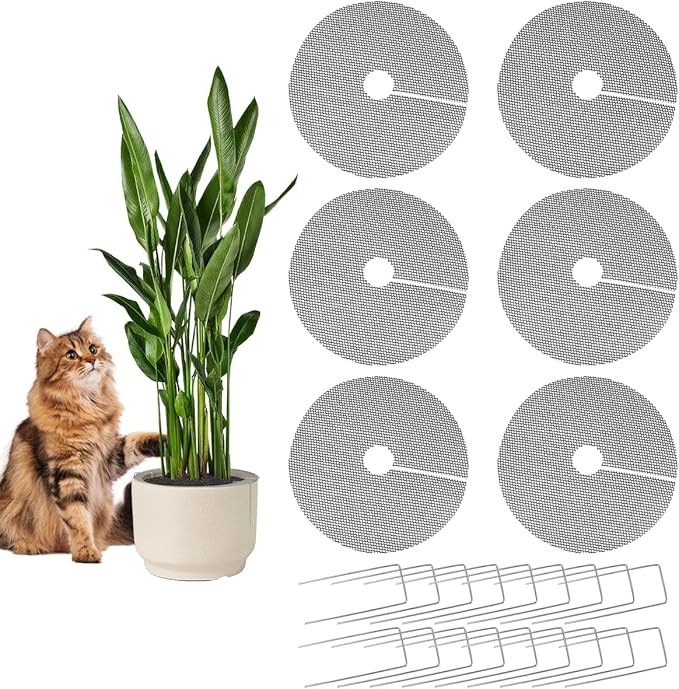 6 Pack Plant Pot Grids with 18 U-Shaped Nails, 11.8 Inch Cuttable Soil Cover Protector from Cats and Animals, Indoor Plant Pot Soil Guard for Outdoor Garden Balcony Adapts to Different Pot Sizes