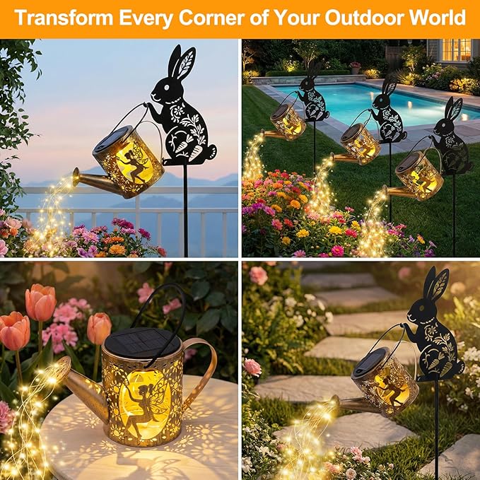 Solar Watering_Can Light with Bunny Silhouette Stake & Fairy Design - Cascading LED String Light for Garden Yard Patio Decor, IP65 Waterproof Outdoor Gift for Mom, Women, Birthday, Housewarming