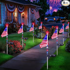 8 Pack American Flag Solar Lights Outdoor, 4th of July Decorations Red White and Blue Star Lights, 2 Modes Waterproof Solar Patriotic Lights for 250th Anniversary Independence Memorial Day Garden Yard