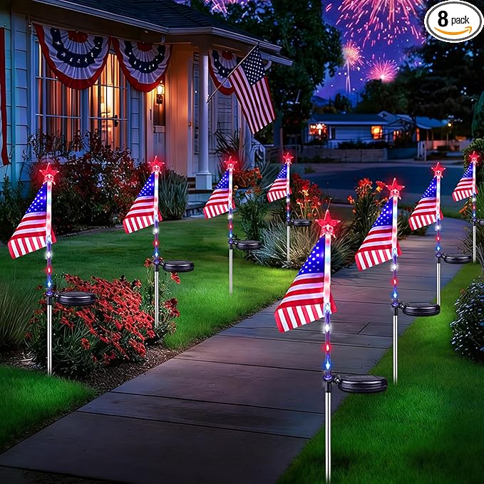 8 Pack American Flag Solar Lights Outdoor, 4th of July Decorations Red White and Blue Star Lights, 2 Modes Waterproof Solar Patriotic Lights for 250th Anniversary Independence Memorial Day Garden Yard