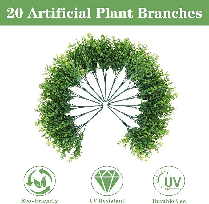 20 Bundles Artificial Plants Fake Greenery for Outdoor Spring Summer Decoration, UV Resistant Realistic Faux Shrubs Stems No Fade Plastic Boxwood for Planter Garden Patio Balcony Porch Backyard Indoor