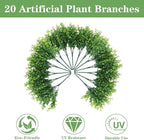 20 Bundles Artificial Plants Fake Greenery for Outdoor Spring Summer Decoration, UV Resistant Realistic Faux Shrubs Stems No Fade Plastic Boxwood for Planter Garden Patio Balcony Porch Backyard Indoor