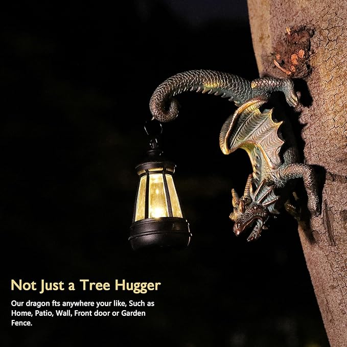 Solar Dragon Tree Hugger Statue Wall Decor - Whimsical Garden Statue with Solar Lantern, Outdoor&Yard Decor, Fantasy Dragon Figurine for Trees, Walls, or Fences - Unique Gifts for Women & Men