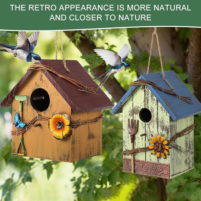 DoubleFill 2 Pcs Birdhouses for Outdoor Hanging Yard Outside Wooden Birdhouse Hand Painted Bird Box for Bird Lovers Bluebird Tree Garden Decor Decorative Birdhouse(Blue,Yellow,Wooden Roof)